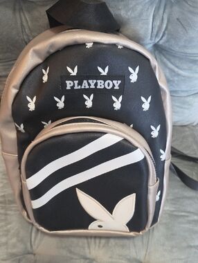 PLAYBOY Black and Champagne Bunny Print Mini Backpack
